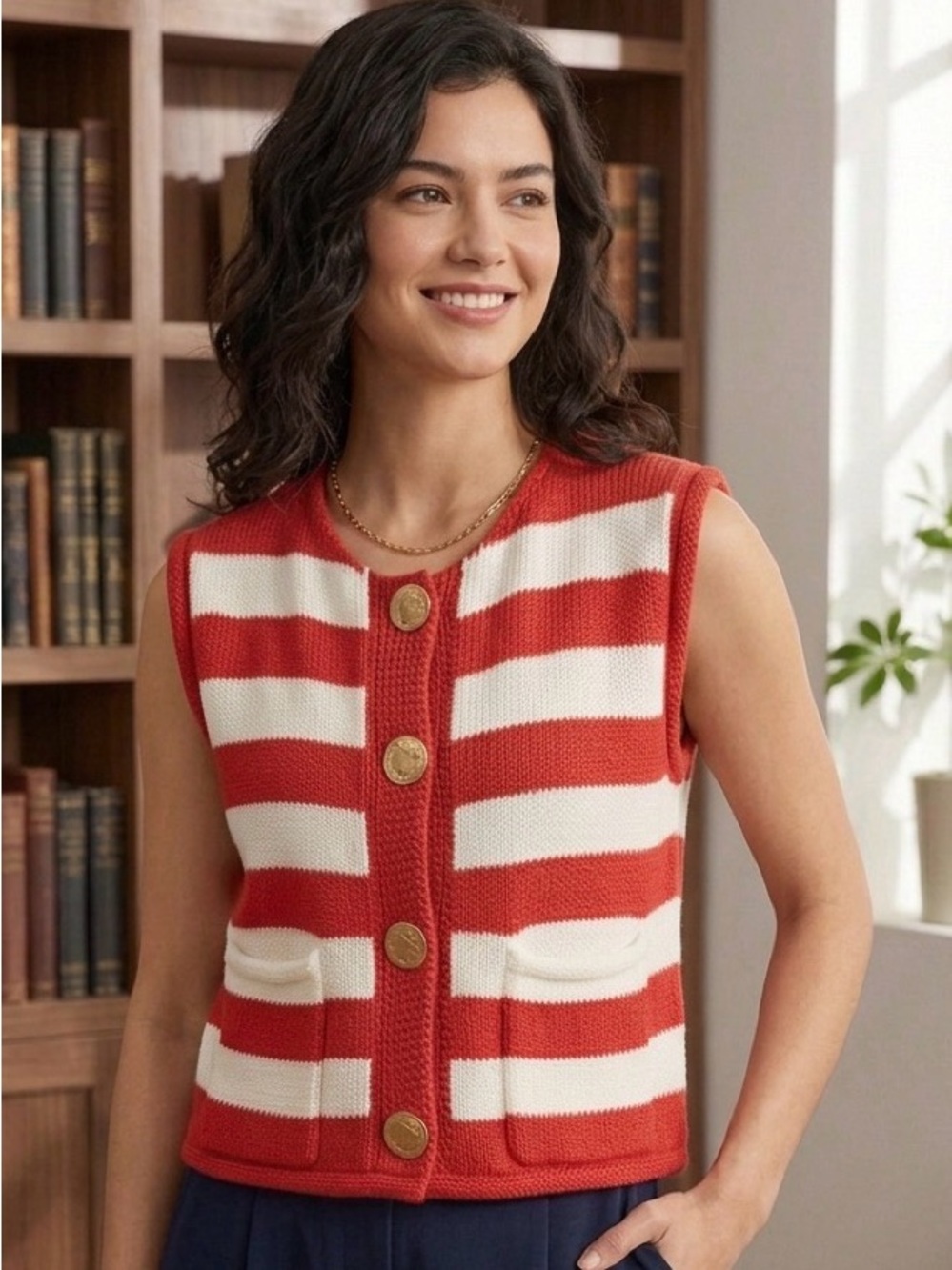 125. NWT House of Harlow 1960 striped Red & White Knit Vest with Gold Buttons